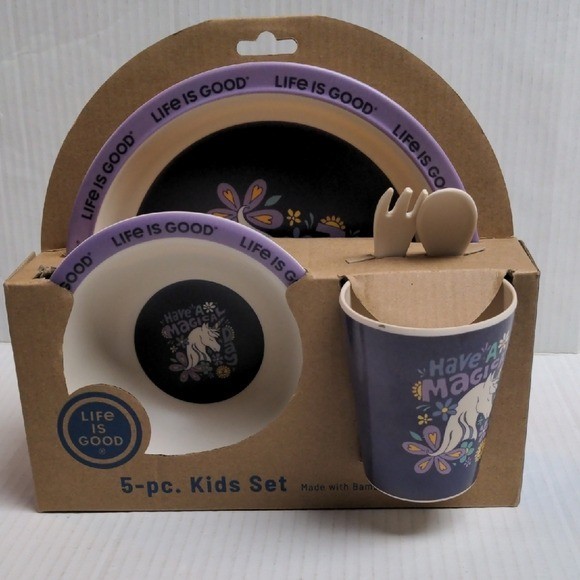 Life Is Good 5 Pc Kids Dishware Set Unicorn Purple Bamboo New