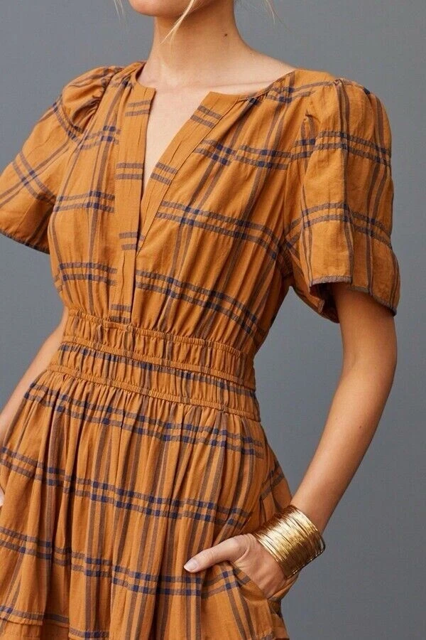 Nuevo con etiquetas Vestido Maeve by Anthropologie Somerset Maxi en Maíz Cuadros Algodón en Niveles 2X Foto 3 de 4