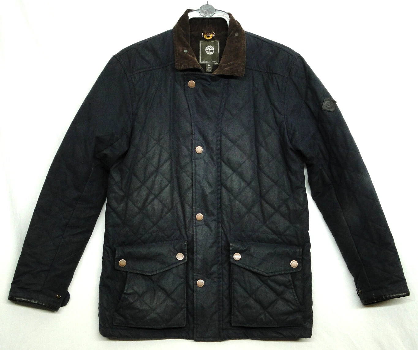 Timberland Quilted Waxed Cotton Wax Jacket Size S Small Blue Collared Full Zip