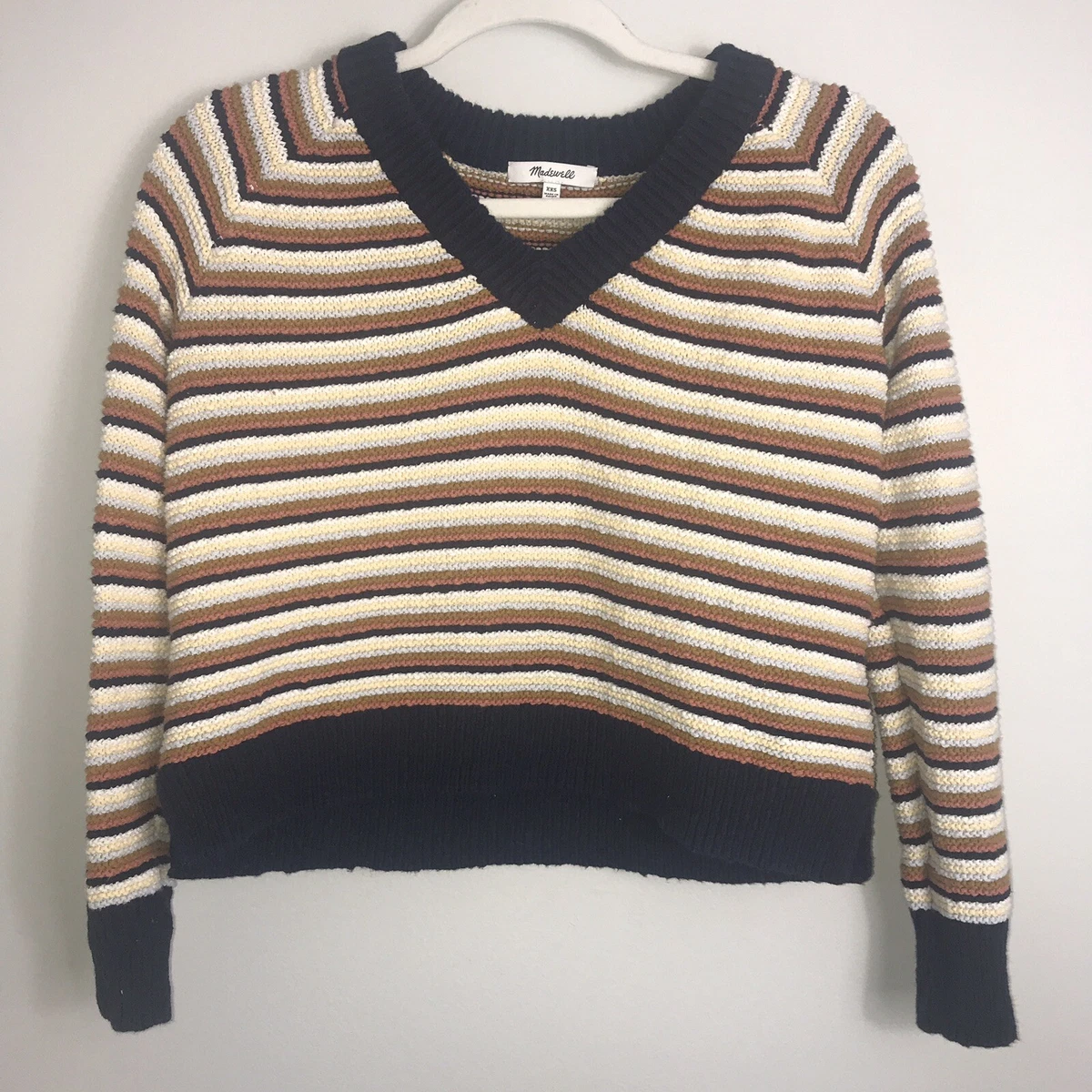 Madewell Arden V Neck Cropped Sweater Blue Ivory Stripes Cotton Boxy Size XXS