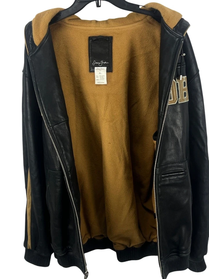 Chaqueta con Capucha de Cuero Sean John XL Negra Marrón Forrada de Lana Cremallera Foto 4 de 4