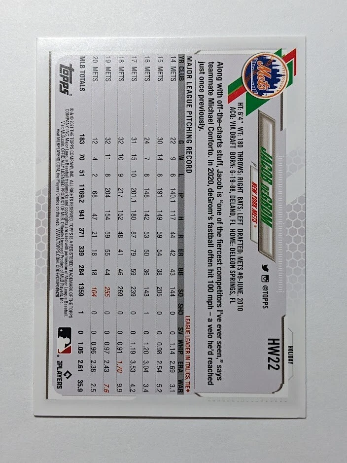 2021 Topps Holiday Jacob DeGrom SP image Variation #HW22 Santa Hat - Image 2 of 2
