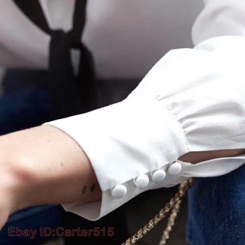 Women Formal Silk Blend Black Bow Tie Long Sleeve White Blouse Shirt Top S-5XL - 第 5/16 張圖片