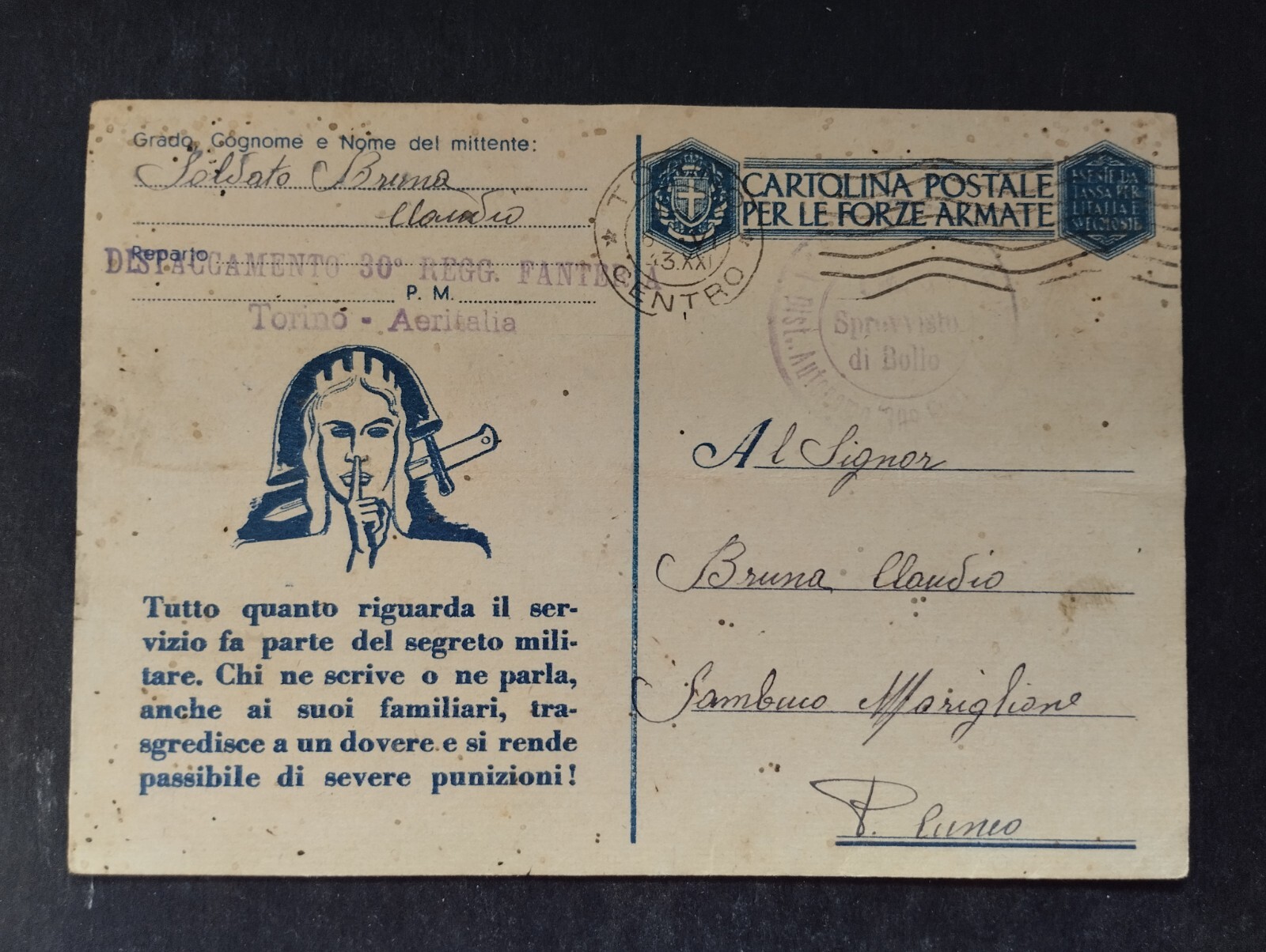 Timbro Posta Militare WW2 30° Reggimento Fanteria Torino Aeritalia 1943 WZ891