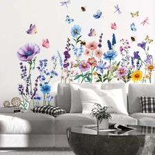 1 Set Colorful Floral Dragonfly Wall Stickers Waterproof Flower Mural Decoration