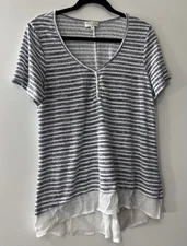 Studio B By Bobeau Size XL Blue White Striped Short Slv Top Shirt Layered Cuff
