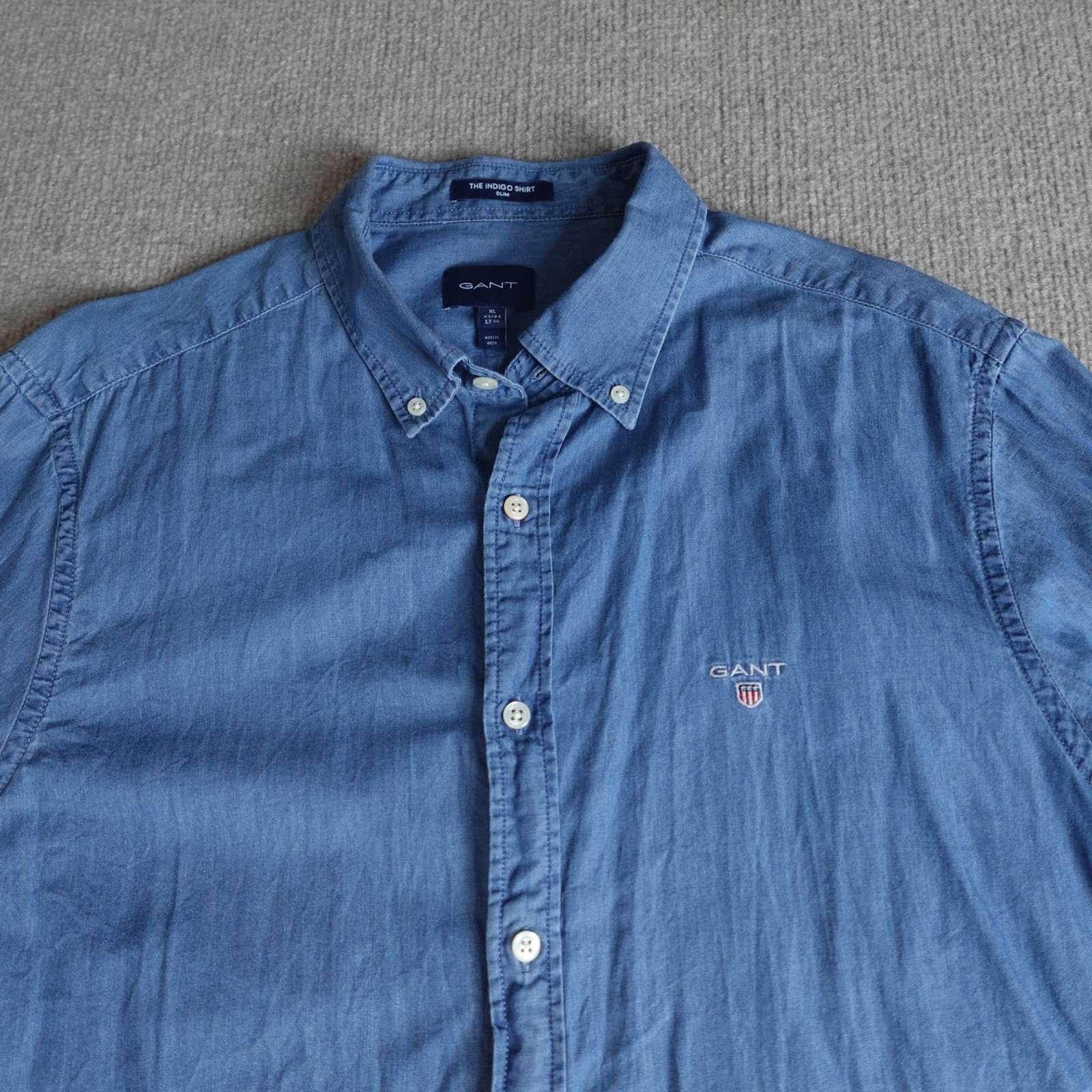 Gant Shirt Blue Solid XL Chambray Embroidered Button Down Indigo Slim