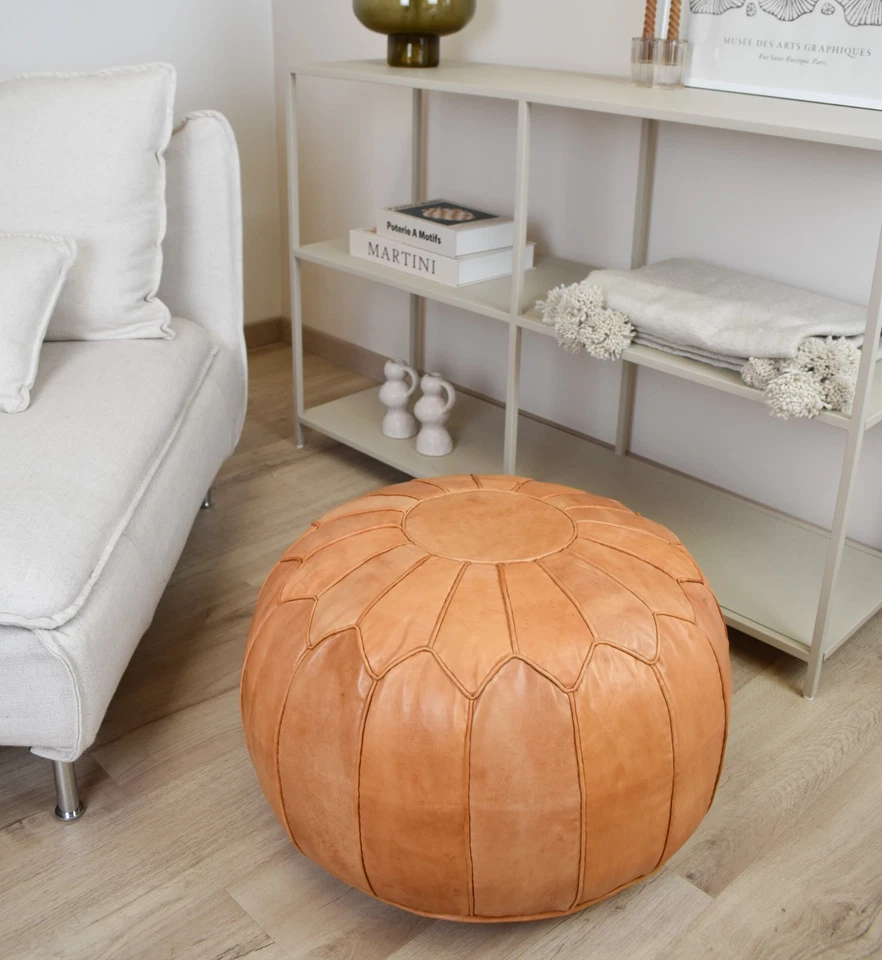 Scandinavian Leather Pouffe XL Brown- Delivered Stuffed, Ottoman, Footstool - Image 3 of 4