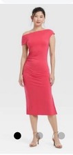 Womens Midi Dress M Hot Pink Ruched Slit One Shoulder Clean Girl Stretchy Preppy
