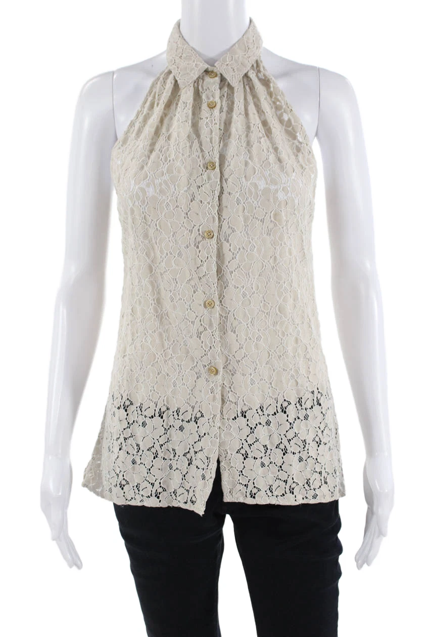 Sharis Place Women Beige Floral Collared Button-Up Bohemian Blouse Size 42