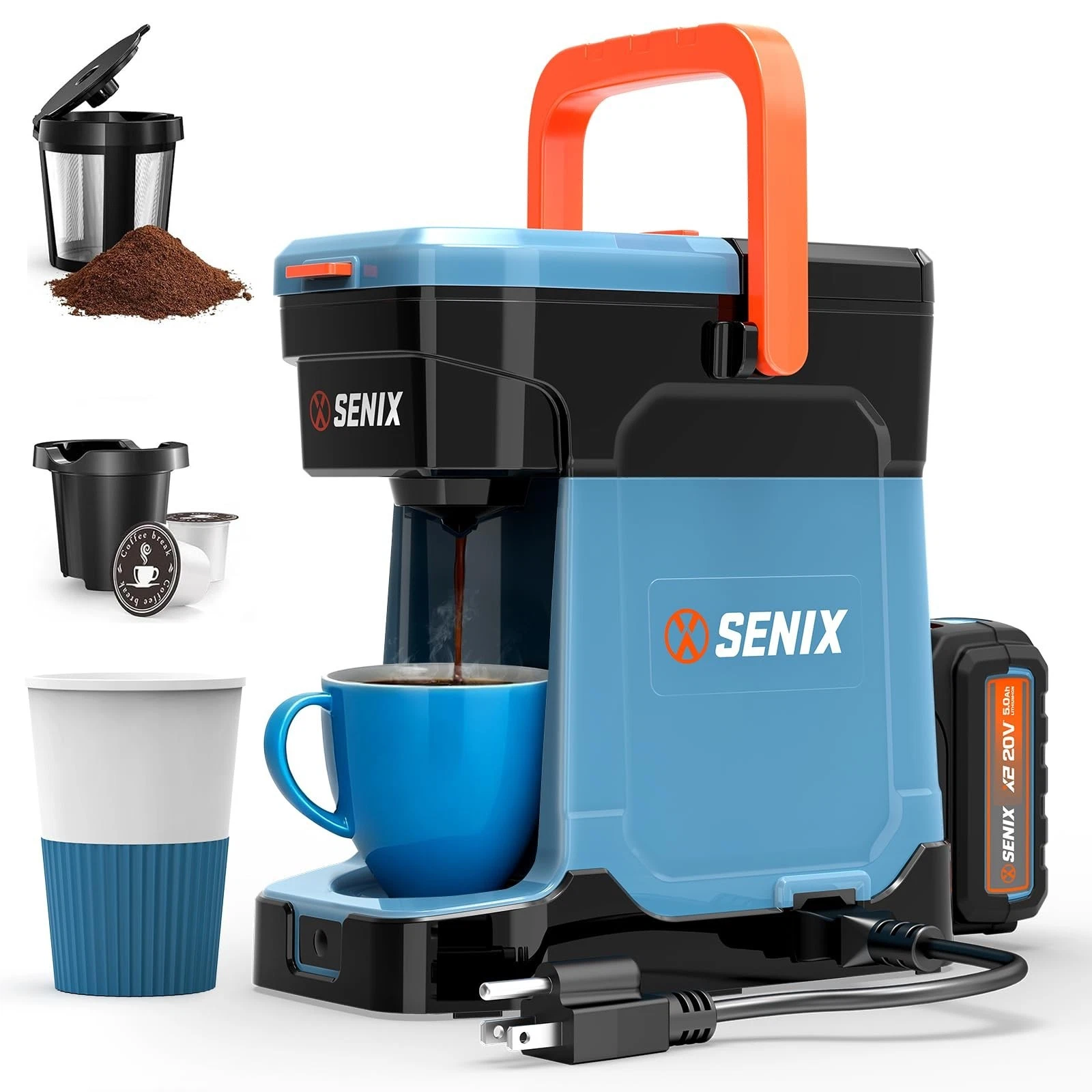 SENIX Coffee Maker Single Serve, Portable, 2-in-1 20V 5.0 Ah Battery