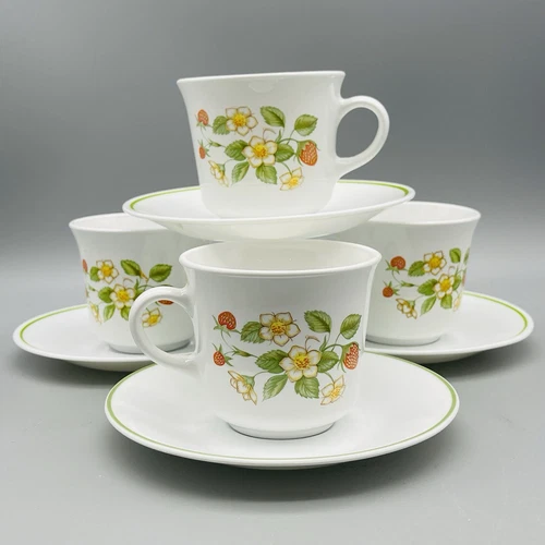VTG Corelle USA Strawberry Sunday Sundae Coffee Tea Cups Mug Saucers SET OF 4