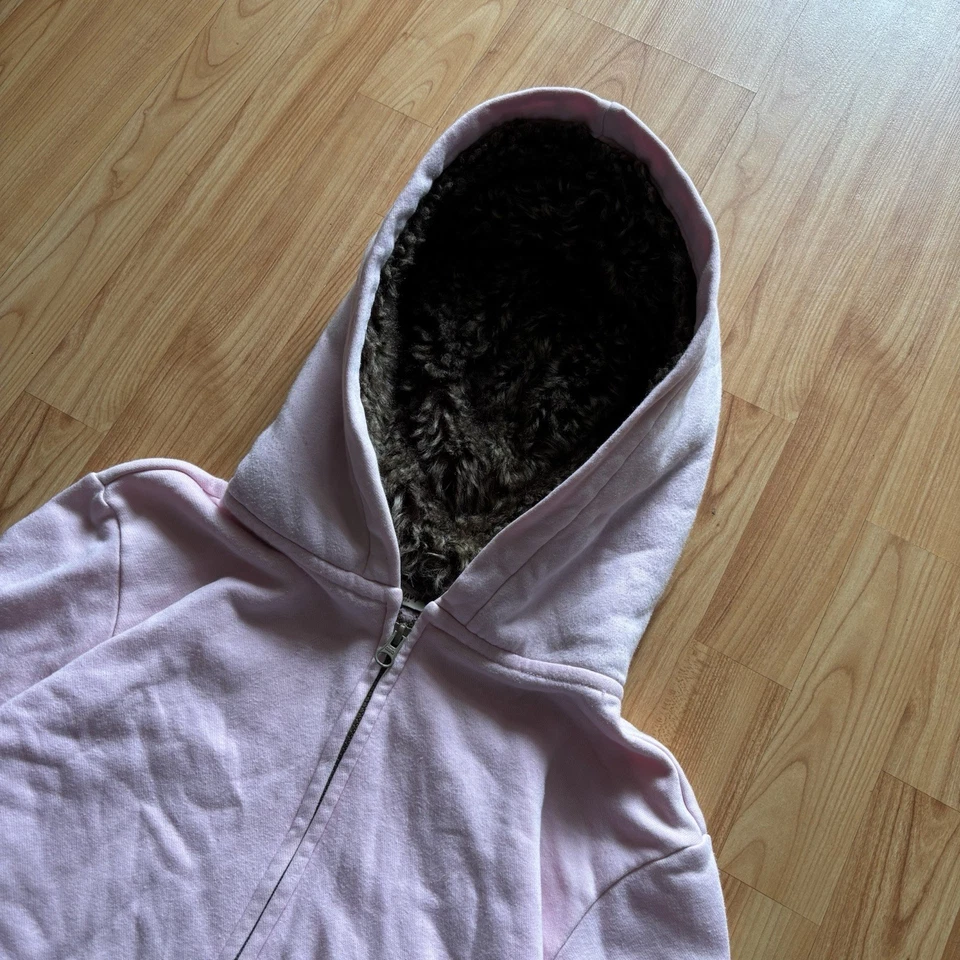 复古 Y2K 女式必备罕见浅粉色旧海军蓝毛皮衬里连帽衫 XL 码! — 第 2/4 张图片