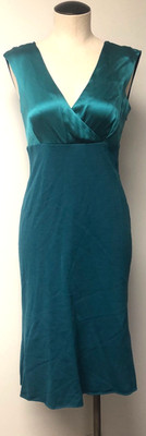 ST JOHN EVENING LOVELY TEAL GREEN SATIN BUST KNIT BODY SHEATH WIGGLE DRESS SZ 4