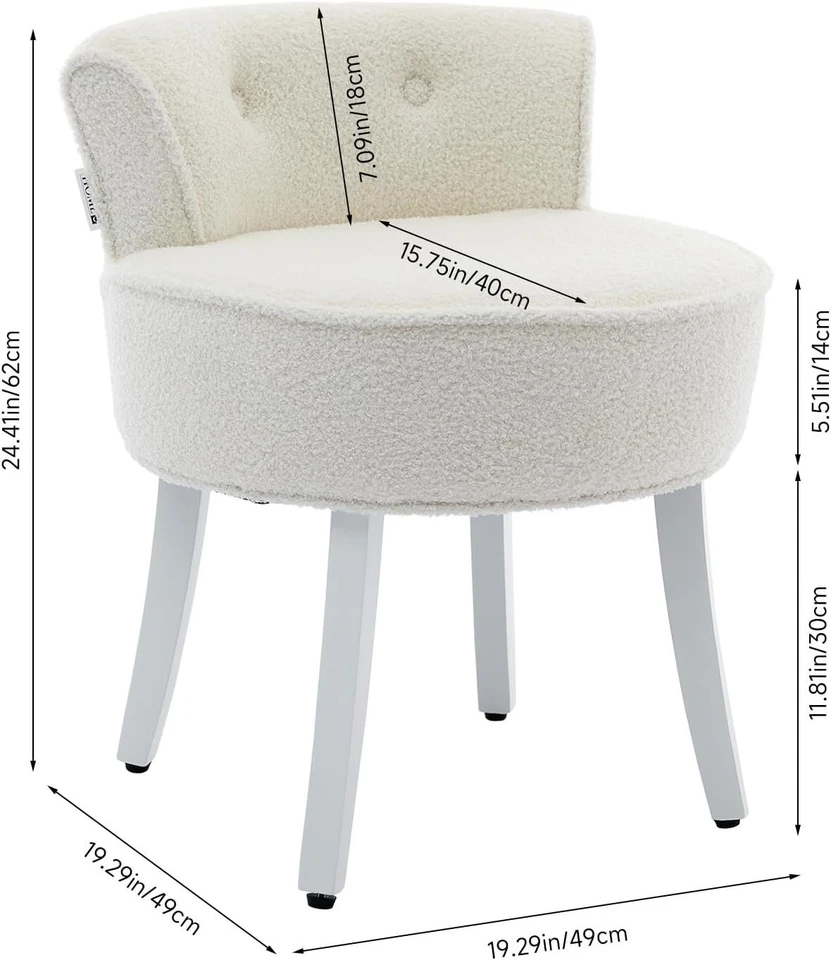 White Teddy Velvet Dressing Table Chair – Tufted Back Makeup Vanity Seat - Image 3 of 4