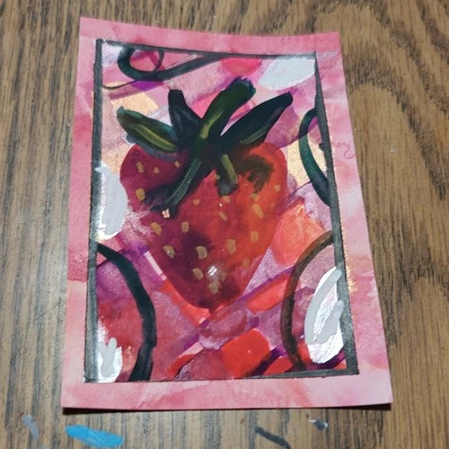 miniature abstract strawberry acrylic painting on paper small original unframed