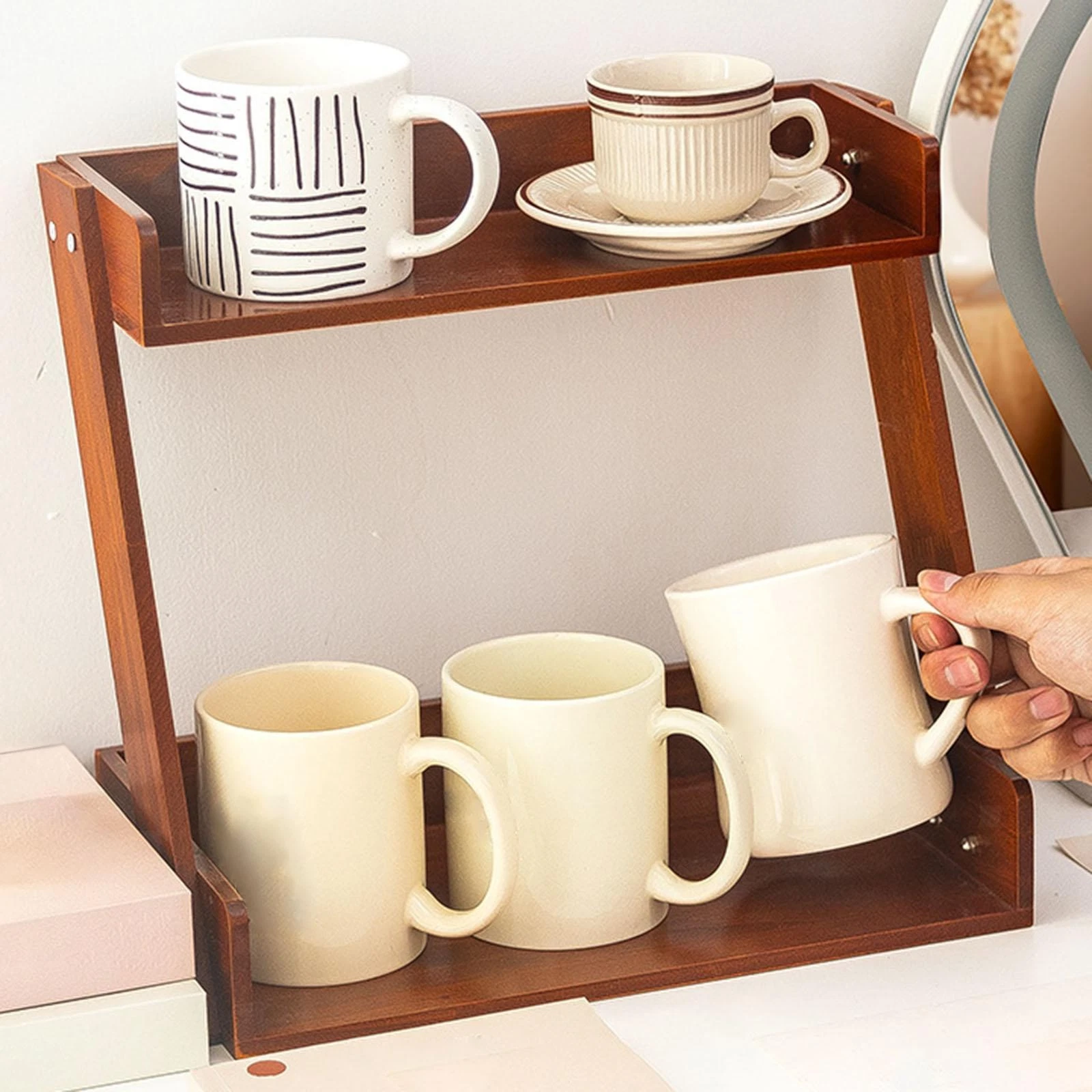 Wooden Desktop Organizer Spice Rack Space Saving Coffee and Tea Organizer for