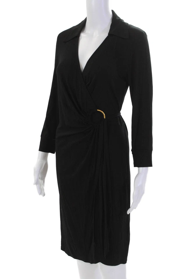 Mini vestido envolvente negro Trina Turk para mujer manga 3/4 cuello en V talla 6 Foto 3 de 4