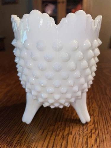 Vintage Fenton White Milk Glass Hobnail 3 Footed Vase Scalloped Edge