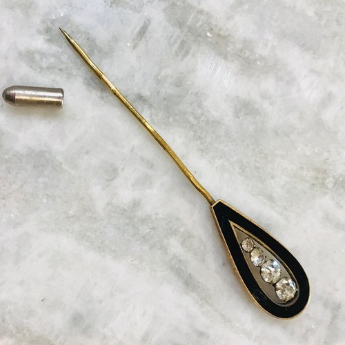 ANTQ Cappello Stick Spilla Bavero Nero Smalto Pasta Pietre Ottone Strass Vintage 3” - Foto 4 di 7