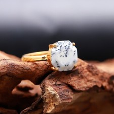Natural Dendrite Opal Octagon Ring Handmade Gold Plated Jewelry Gift For Lovers