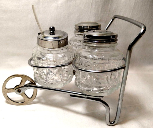 Salero de vidrio vintage y azúcar con cuchara carrito de carretilla de metal - Imagen 4 de 6