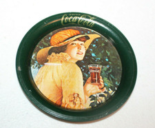 Vintage Drink Coca Cola Tin Metal Coaster 1983 w/ Lady Holding Coca Cola Glass