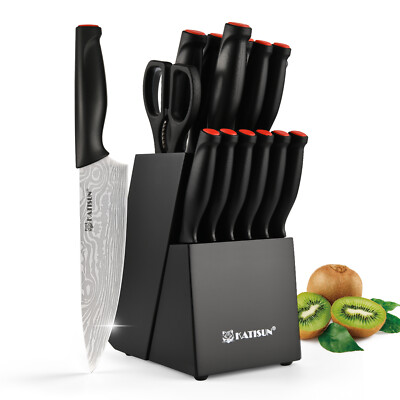 15 Pieces Damascus Pattern High Carbon Steel Kitchen Knife Set with Wooden Block