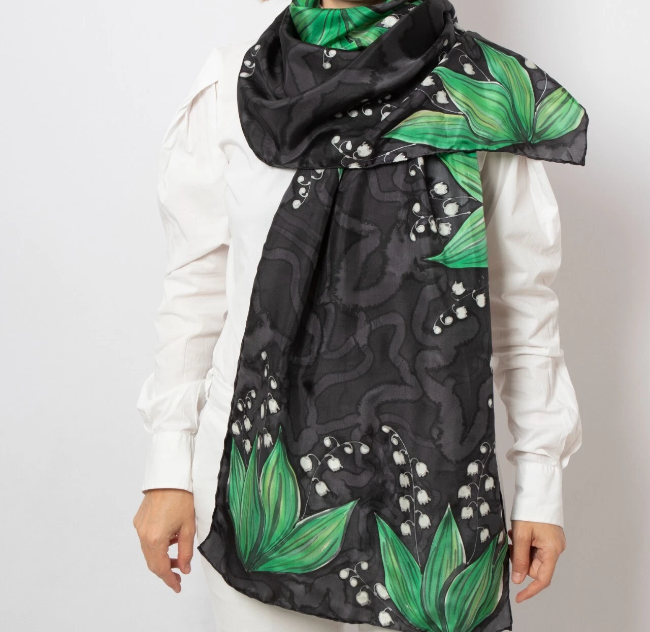 Lily of The Valley Hand Painted Black Silk Scarf Birthday Gift May Gift