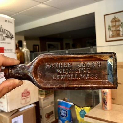Patent Medicine Bottle Father Johns Medicine Lowell MA Amber Partial Label 1920s