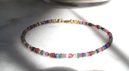 gemstones beads 14k gold bracelet multicolored sapphir emerald ruby handmade new - Picture 4 of 8