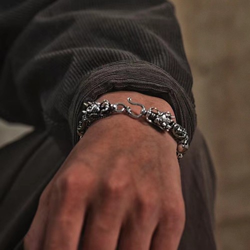 S925 Silver Double Dragon Men's Personalized Retro Bracelet - Picture 3 of 5