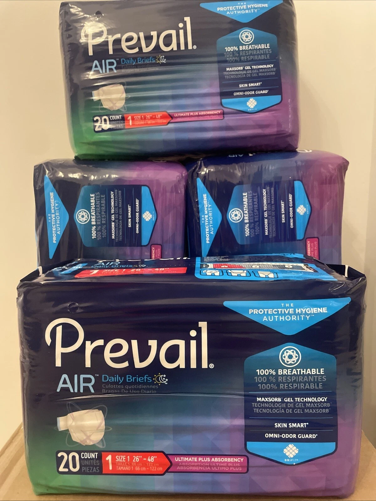 Prevail Air Incontinence Brief Sz 1 26”-48” Waist 1 Case (4 Bags Of 20) 80 ct.