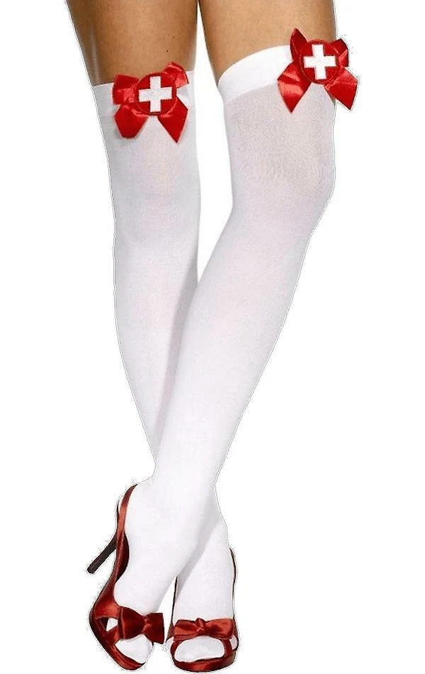 NEUF BAS UP OPAQUE BLANC INFIRMIERE NOEUD ROUGE déguisement costume carnaval - Photo 2/4