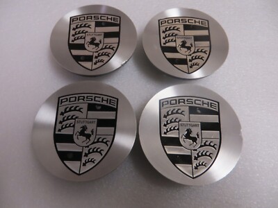 Porsche Silver Machined/Silver & Black Emblem Center Caps - Set of