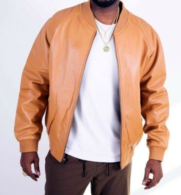 Mens Stylish Tan Brown Jacket Real Lambskin Leather Handmade Designer Biker Coat