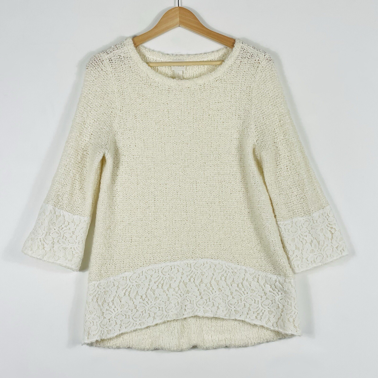 Chico's Ivory Chunky Loose Knit Lace Trim 3/4 Sleeve Sweater Women's 1 Medium 8