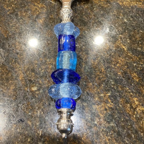 Silver Plate Cake Serving Knife with Blue Art Glass Gem Handle Wedding Event - Picture 2 of 12