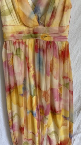 Baltic Born XS V-Neck Sleeveless Floral Maxi Dress Long Yellow Pink Ruffle Zip