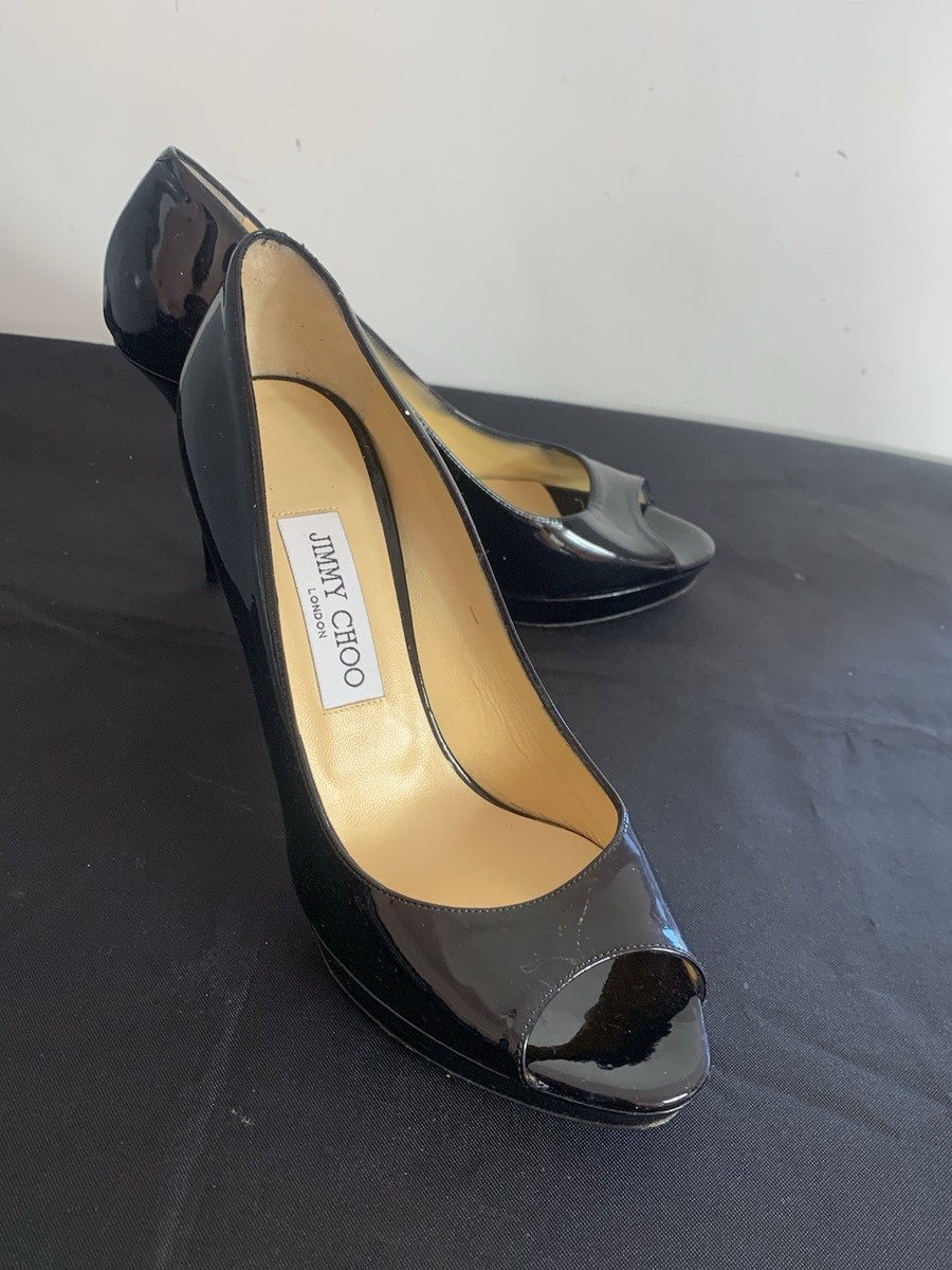 Jimmy Choo Black Luna Patent Leather Peep Toe Pumps Shoes Uk Size