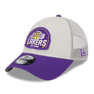 Men's New Era Khaki/Purple Los Angeles Lakers Throwback Patch Trucker  9FORTY