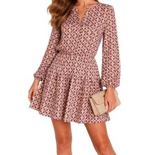 LOFT Petite Tiered Mini Dress Brown Pink Geometric Long Sleeve NWT 12P