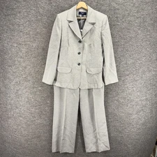 Jones Wear Pant Suit Women 14 Gray Button Up Collared Long Sleeve Pleated Lined