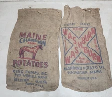 2 VTG Maine Potato Burlap Bag Sack Washburn & Champion Brand Reed Farms 