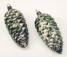 Lot of 2 Vintage Mercury Glass Green Frosted Pine Cone Christmas Ornaments