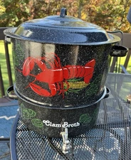 Vintage Double Steam Speckled Black Seafood Lobster Steamer Clam Corn Broth Pot