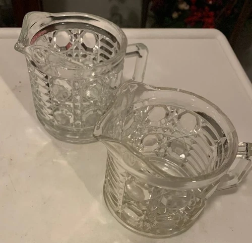 2 Vintage Federal Glass Windsor Button and Cane Clear Glass Creamers