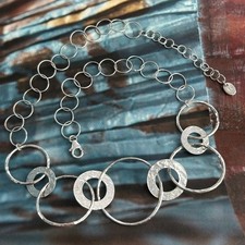 STERLING SILVER 925 Hammered Round Loop Hoop Chain Link Necklace 46cm Adjustable