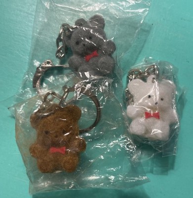 3 Vintage white, brown, and gray Fuzzy flocked Bear With Key Chain You get all 3