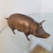 Vintage Large Solid Brass Pig Piggy Bank Money Box Rubber Seal Stopper 